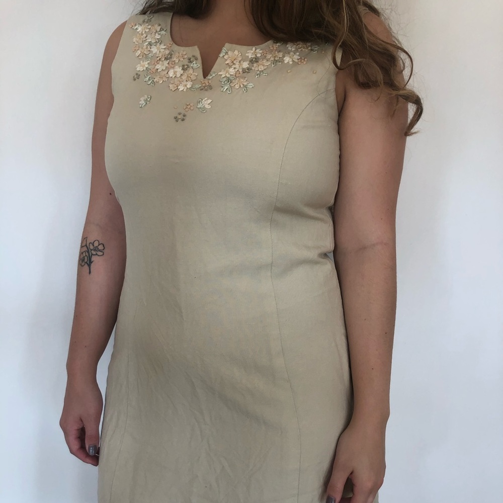 Vintage Floral Embroidered Linen Dress